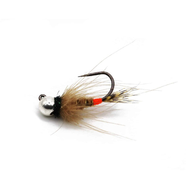 Cacth Flies' Nygren's CDC The Killer fly fishing nymph with silver body and brown feathers on a white background.