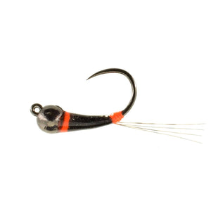 Catch Flies Black Tiger Jiggy Perdigon barbless nymph with a black and orange body on a white background.