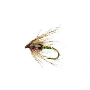 TB Swing nymph fly with peacock and green body and brown soft hackle collar on a white background.