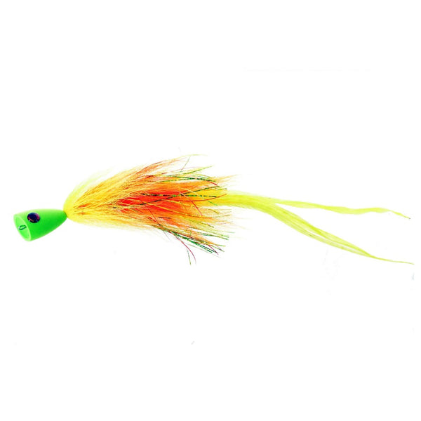 Troy Basso's devastator musky popper with a chartreuse popper head and fire tiger colorations on a white background.
