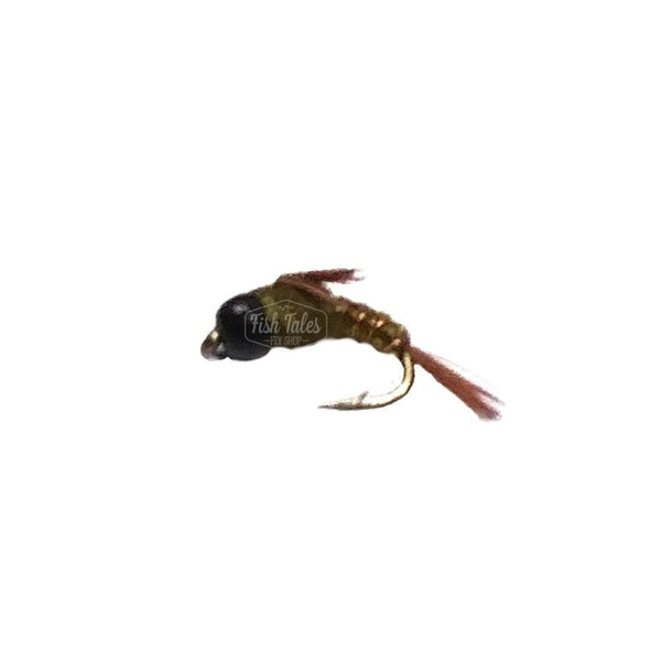 Tung stud mayfly nymph in olive with black bead head on a white background.