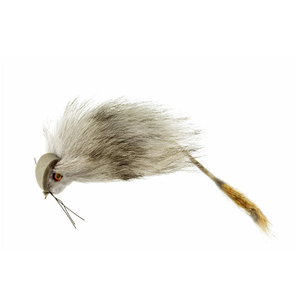 Zukowski's wharf rat topwater muskrat fly in natural grey colors on a white background.