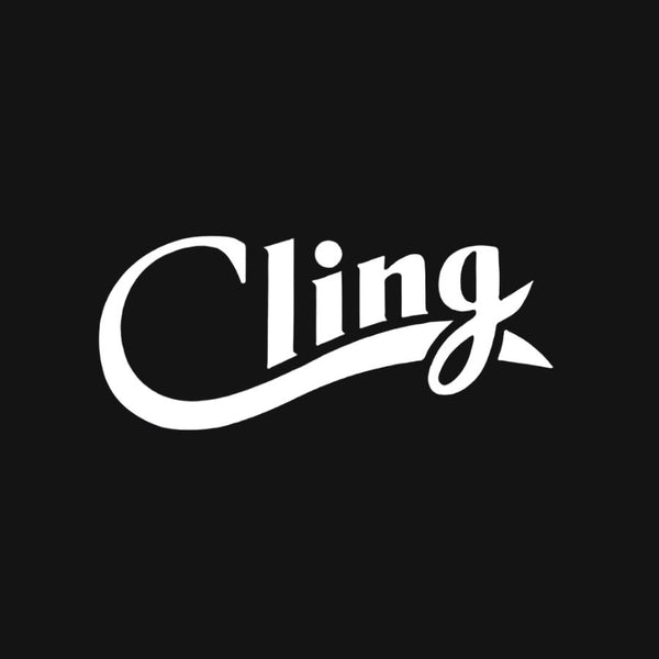 Cling fishing logo in white over a black background.