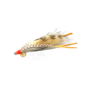 A barred tan Cayo Coco Loco saltwater flats fly with orange thread head, barred legs with orange tips and gold barbell eyes on a white background.
