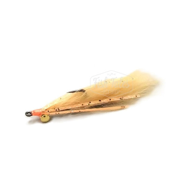 A tan Cayo Coco Loco saltwater flats fly with pink accents and gold barbell eyes on a white background.