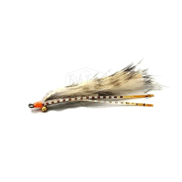 A barred tan Cayo Coco Loco saltwater flats fly with orange thread head, barred legs with orange tips and gold bead chain eyes on a white background.