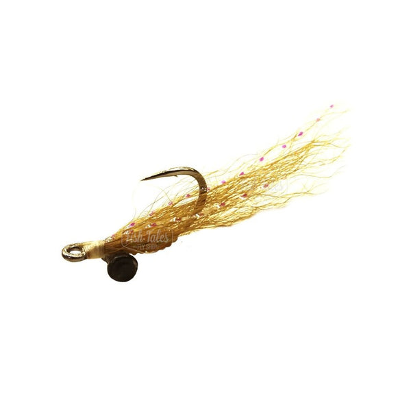 A Crazy Charlie Bonefish Fly with a tan body and heavy eyes on a white background.