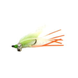 A hot legs Gotcha saltwater flats fly with a pearl and chartreuse body and wing, orange tipped legs, and heavy barbell eyes on a white background.