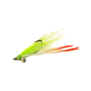 A hot legs Gotcha saltwater flats fly with a pearl and chartreuse body and wing, orange tipped legs, and bead chain eyes on a white background.