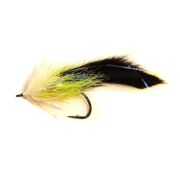 An unweighted chartreuse, pearl, and black Pike Bunny Fly featuring a black magnum rabbit strip body accented with pearl lateral scale, a chartreuse and pearl brushed collar, and tied on a Gamakatsu B10s hook over a white background.