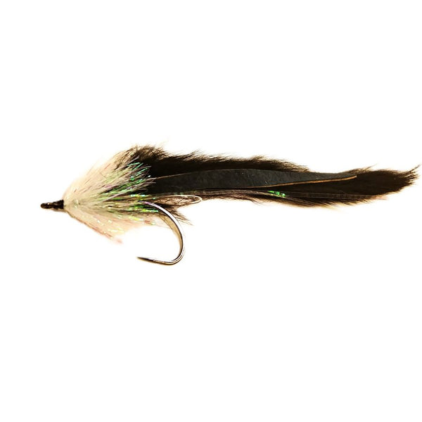 An unweighted black and pearl Pike Bunny Fly featuring a black magnum rabbit strip body accented with pearl lateral scale, a pearl brushed collar, and tied on a Gamakatsu B10s hook over a white background.