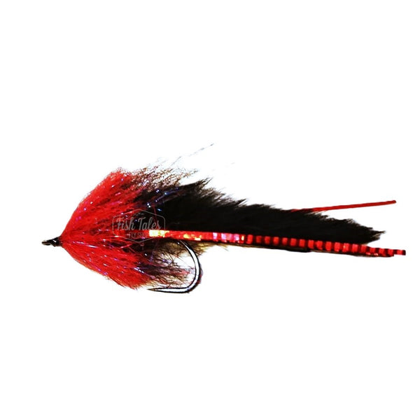An unweighted black and red Pike Bunny Fly featuring a black magnum rabbit strip body accented with red lateral scale, a red brushed collar,  and tied on a Gamakatsu B10s hook over a white background.