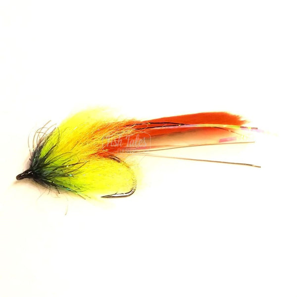 An unweighted firetiger Pike Bunny Fly featuring a hot orange magnum rabbit strip body accented with pearl lateral scale and black flash, a yellow and chartreuse brushed collar, and tied on a Gamakatsu B10s hook over a white background.
