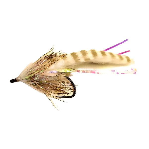An unweighted barred white Pike Bunny Fly featuring a barred olive white magnum rabbit strip body accented with pearl lateral scale, a gold brushed collar, and tied on a Gamakatsu B10s hook over a white background.