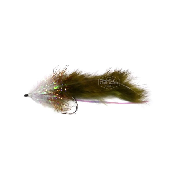 An unweighted olive and copper Pike Bunny Fly featuring an olive magnum rabbit strip body accented with pearl lateral scale, a copper and pearl brushed collar, and tied on a Gamakatsu B10s hook over a white background.