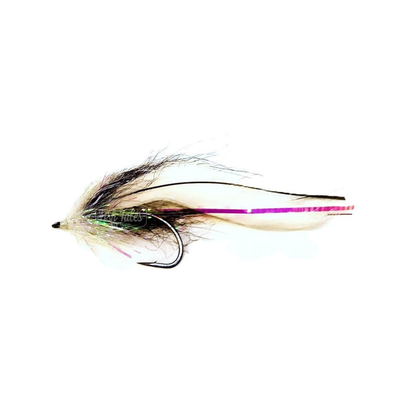 An unweighted white and black Pike Bunny Fly featuring a white magnum rabbit strip body accented with pearl lateral scale, a black and pearl brushed collar, and tied on a Gamakatsu B10s hook over a white background.
