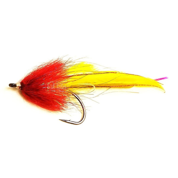An unweighted red and yellow Pike Bunny Fly featuring a white magnum rabbit strip body accented with pearl lateral scale, a red brushed collar, and tied on a Gamakatsu B10s hook over a white background.