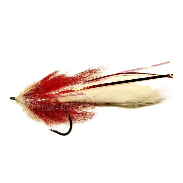 An unweighted white and red Pike Bunny Fly featuring a white magnum rabbit strip body accented with red lateral scale, a red brushed collar, and tied on a Gamakatsu B10s hook over a white background.