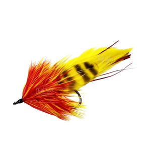 CN Flies Pike Schlapper unweighted streamer designed for pike and other predators, tied on a Gamakatsu B10s hook in red and yellow, against a white background.
