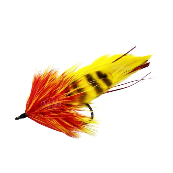 CN Flies Pike Schlapper unweighted streamer designed for pike and other predators, tied on a Gamakatsu B10s hook in red and yellow, against a white background.