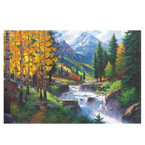 Cobble Hill Puzzle Rocky Mountian high featuring stream, trees, and mountains, on a white background.