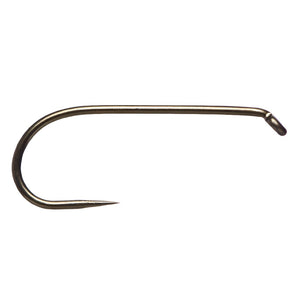 a single daiichi 1190 barbless standard dry fly hook a white background