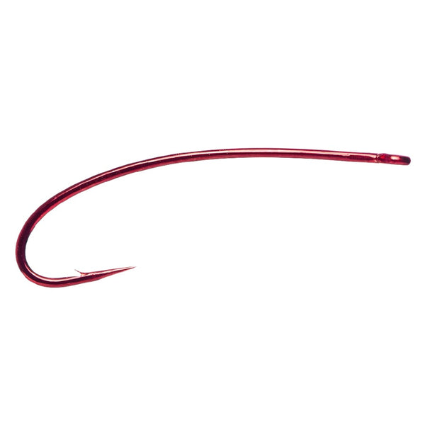 a single daiichi 1273 red multi use curved nymph hook on a white background