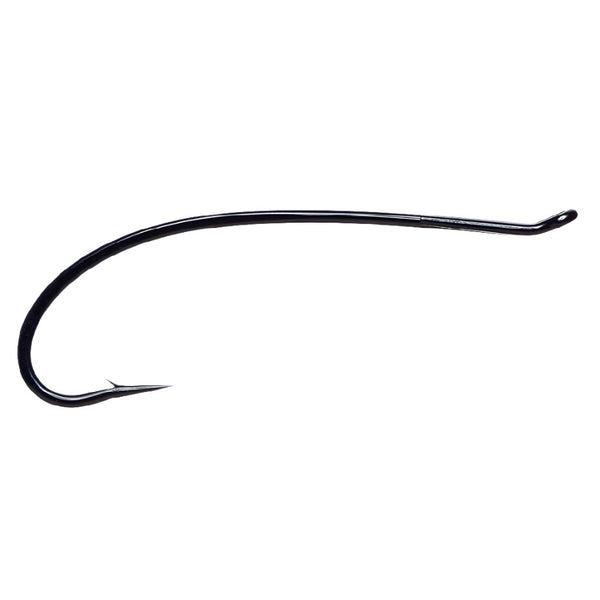 a single daiichi 2051 black alec jackson spey hook on a white background