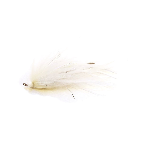 A white DZ Flies Icicle Stremer trout spey fly with a flowy marabou body and a bead head, on a white background.