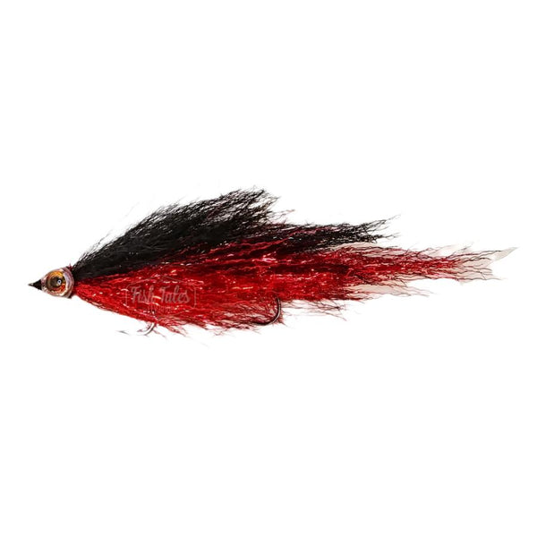 A DGR Ripple Ice Deceiver Articulated Streamer tied with red and black ripple ice fiber and finished with a fish skull fish mask on a white background.