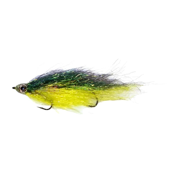 A DGR Ripple Ice Deceiver Articulated Streamer tied with green and yellow ripple ice fiber and finished with a fish skull fish mask on a white background.