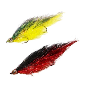 Two DGR Ripple Ice Deceiver Articulated Streamers tied with ripple ice fiber and fish skull fish masks, one in green and yellow, and the other in red and black on a white background.