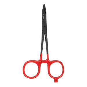 Dr. Slick Black Widow Bent Shaft Scissor Clamp with red handle and black jaws on a white background.