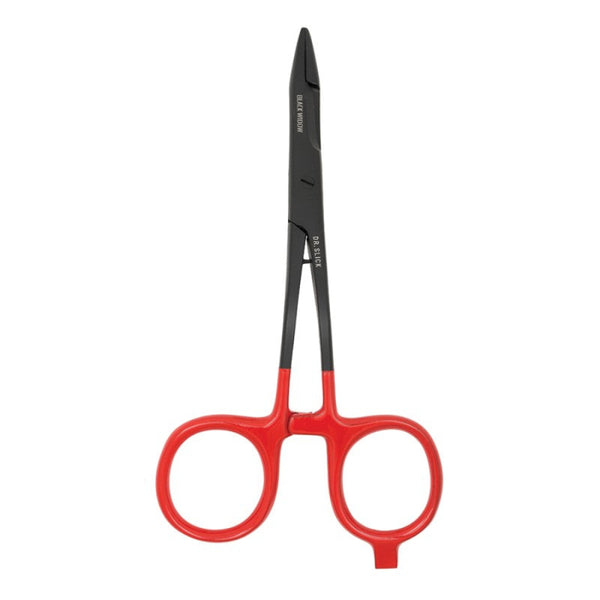 Dr. Slick Black Widow Bent Shaft Scissor Clamp with red handle and black jaws on a white background.