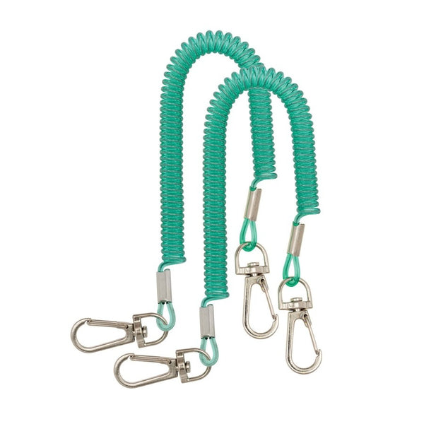 To green Dr. Slick Clamp Buddy Tool Bungees with metal carabiners on a white background.