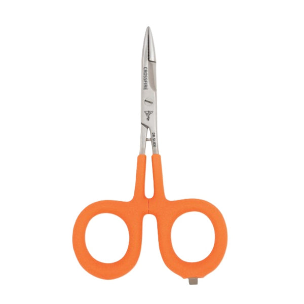 A Dr. Slick Crossfire 5" Scissor Clamp with bright orange handles and silver stainless steel construction, shown against a plain white background.