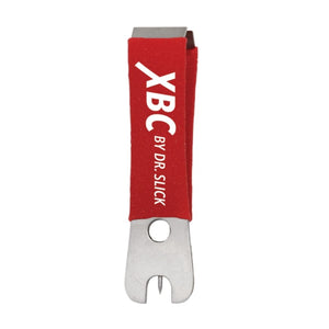A red and silver Dr. Slick XBC Nippers for cutting fishing line, on a solid white background.