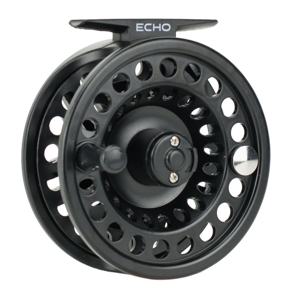 Black Echo Base Fly Reel showing the handle side on a white background.
