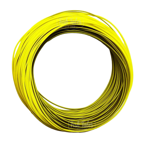 Yellow and green Echo dry series fly line coil over a white background.