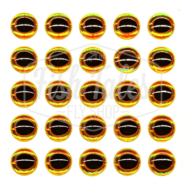 Set of gold and black 3D Oval Pupil Stick On Eyes for fly tying on a white background.