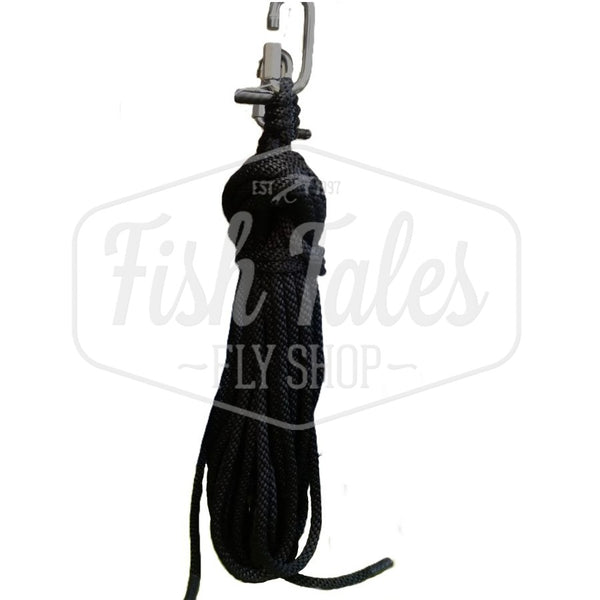A black anchor rope with a locking carabiner on a white background, featuring Fish Tales Fly Shop logo.