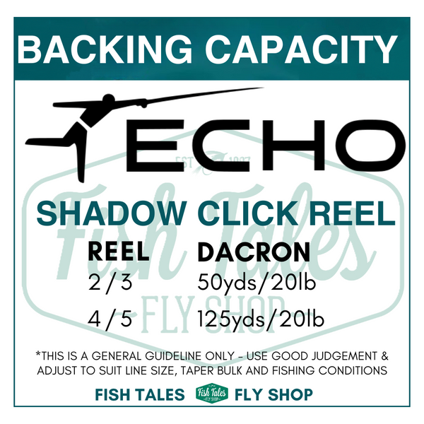 Echo Shadow Click Fly Fishing Reel Backing capacity chart with Echo and Fish Tales branding and technical details.