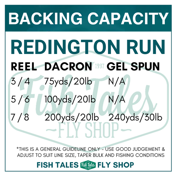 Chart for Redington Run Fly Reel with backing capacity details.