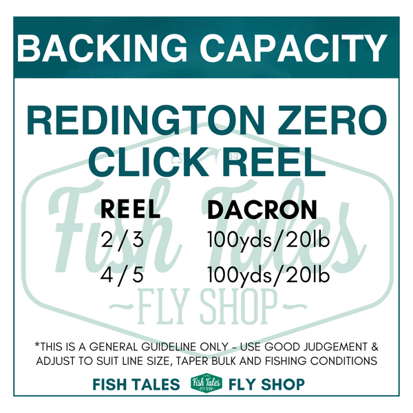 Chart for the Redington Zero Click Reel with backing capacity details.
