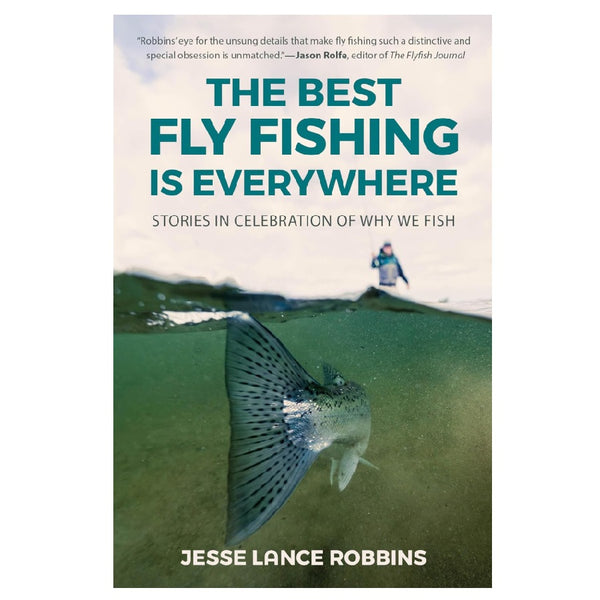 Book cover of 'The Best Fly Fishing Is Everywhere' by Jesse Lance Robbins, featuring a split underwater scene with a fish in green water and a fly fisherman on a shore under a pale sky.
