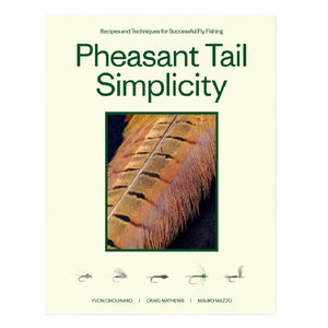 Book cover of 'Pheasant Tail Simplicity' with a pheasant tail feather and fishing flies over beige underlay, on a white background.