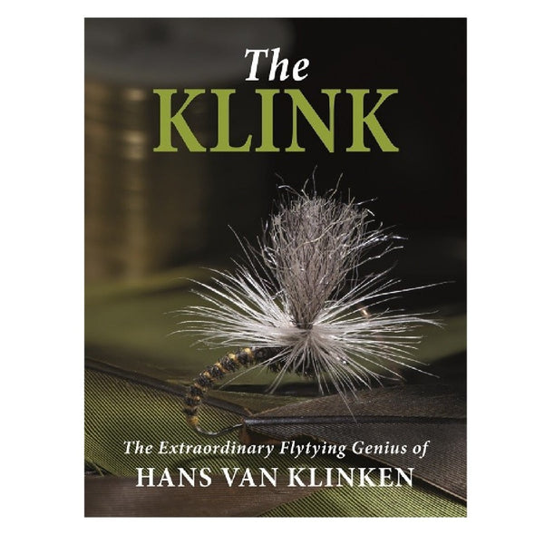 the cover of book the klink, by hans van klinken, featuring a klinkhammer special dry fly on a background of feathers