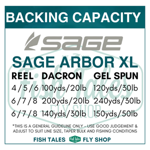 a backing capacity chart for the sage arbor xl fly fishing reel over the fish tales logo  