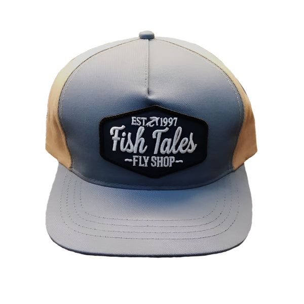 Gray and beige full cloth baseball cap with 'Fish Tales Fly Shop' logo, shown on a white background.