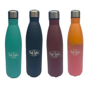 A collection of four Fish Tales branded water bottles in different colors, each featuring a stainless steel cap, on a white background.
